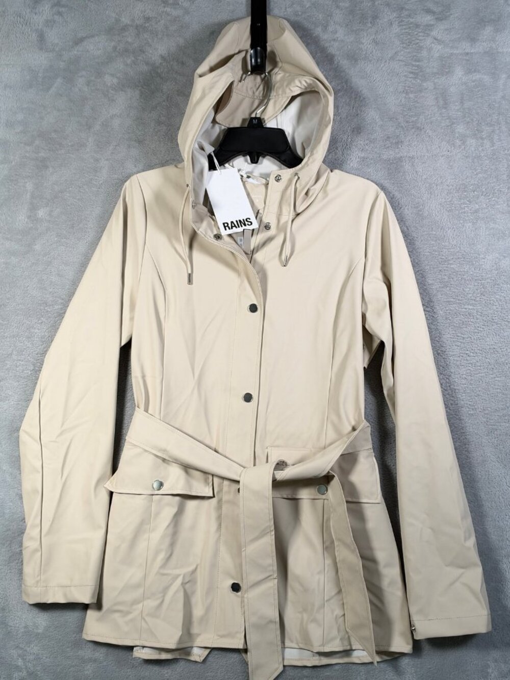 Rains Jacket Womens S Dune Beige Curve W3 Belted Waterproof Hooded Rain Coat